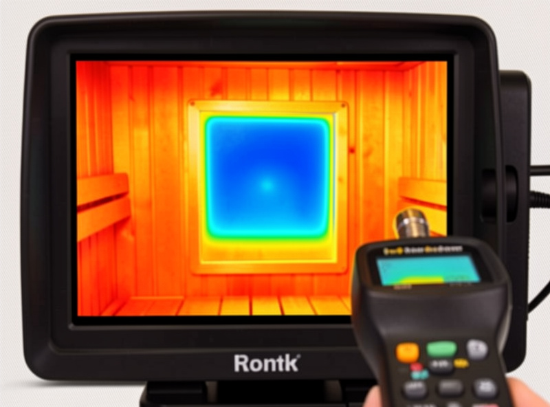 Thermal camera view of an infrared sauna panel showing a cold spot against warmer surrounding panels