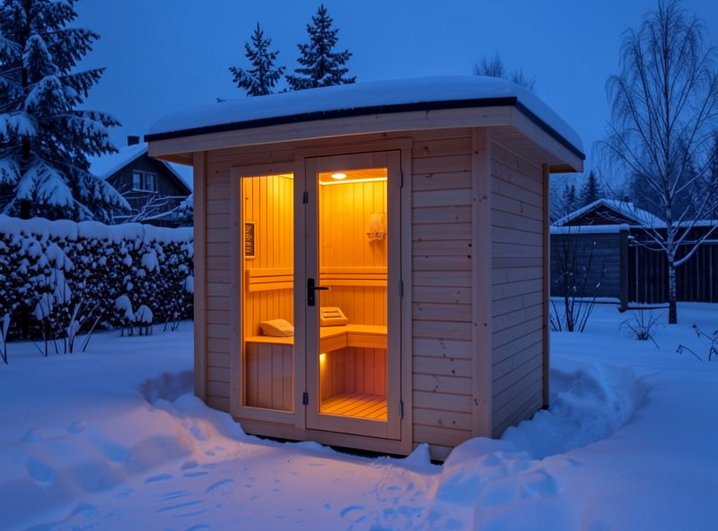 Outdoor infrared sauna cabin glowing warm in a snowy Scandinavian backyard at dusk