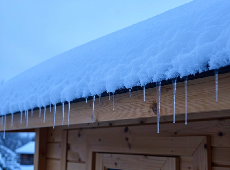 Snow and frost on the roof and cedar exterior of an outdoor sauna cabin with small icicles