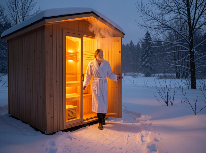 Person in a robe stepping into a warm glowing outdoor infrared sauna from a snowy path at dusk