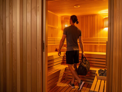 Person with a gym bag stepping into a warm infrared sauna cabin after training