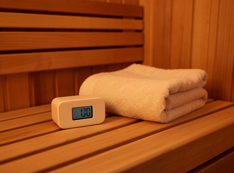 Digital timer and folded towel on an infrared sauna bench