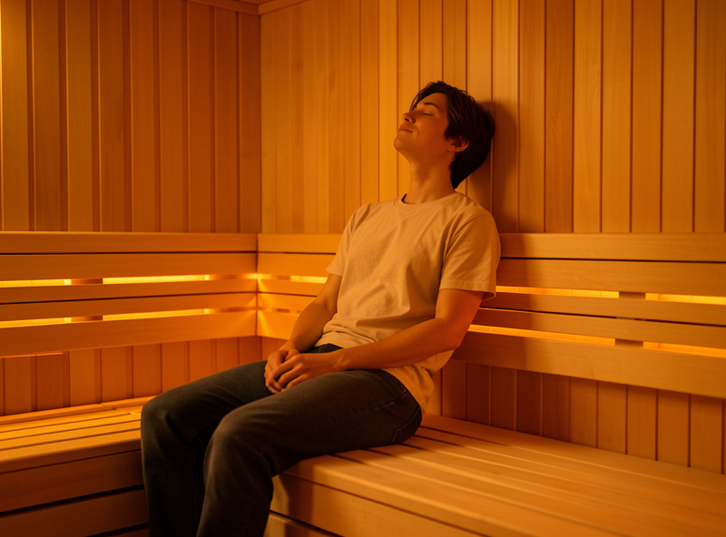 Relaxed person sitting on an infrared sauna bench mid-session with eyes closed