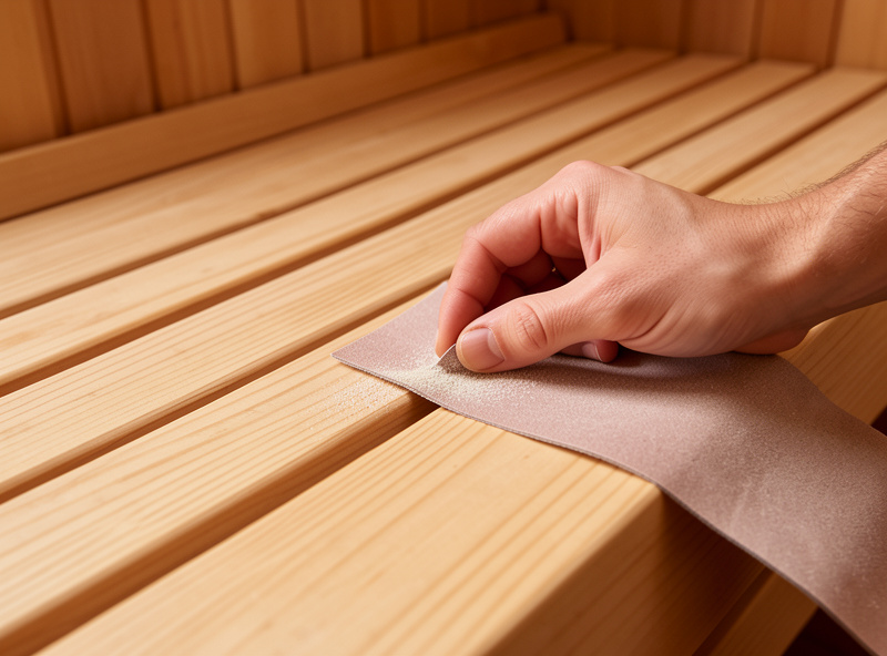 Lightly sanding a sauna bench along the wood grain with fine sandpaper by hand