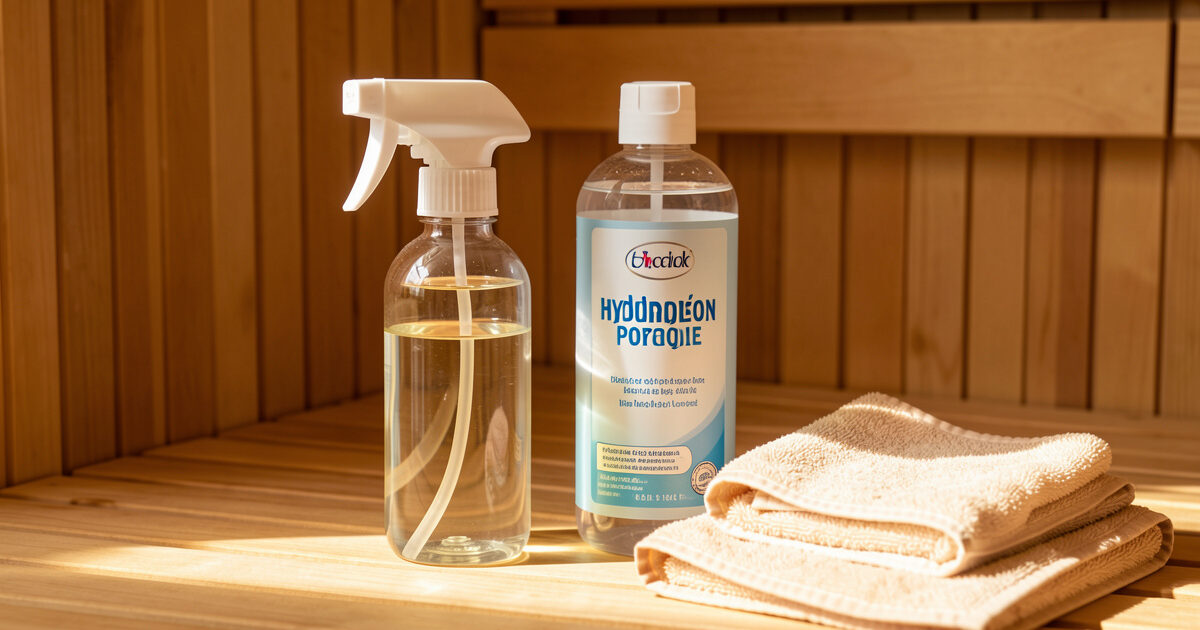 Sauna cleaning supplies: diluted vinegar spray, hydrogen peroxide, and microfiber cloths