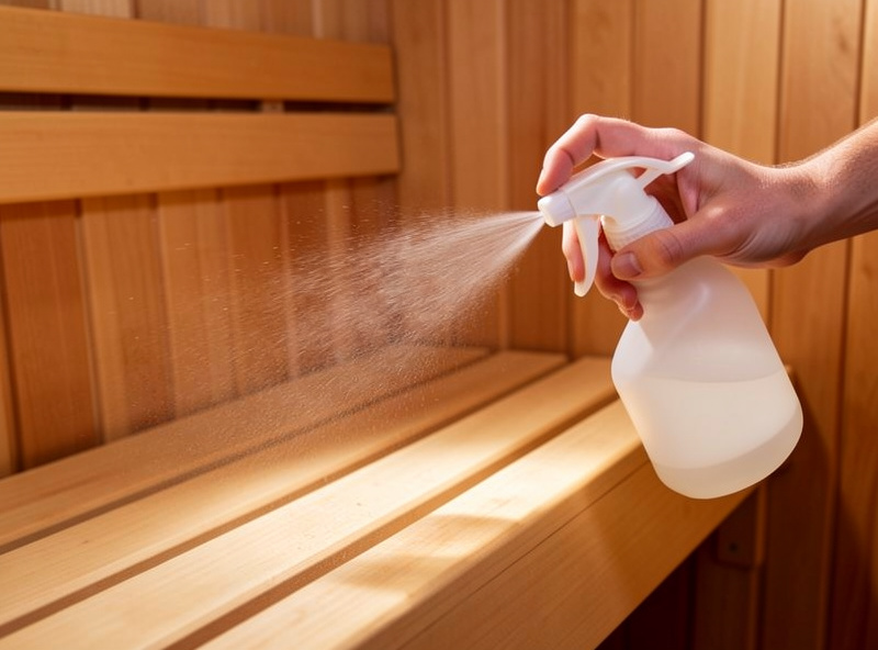 A hand spraying a fine mist of diluted white vinegar solution onto a hemlock sauna bench