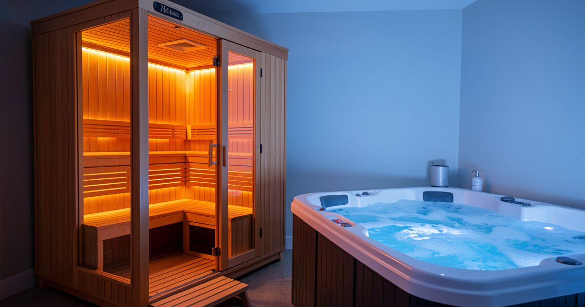 Warm infrared sauna beside a cold plunge tub in a home wellness space