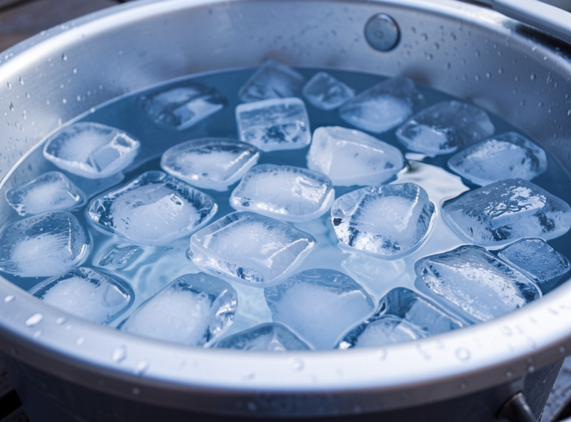 Cold plunge tub filled with water and floating ice