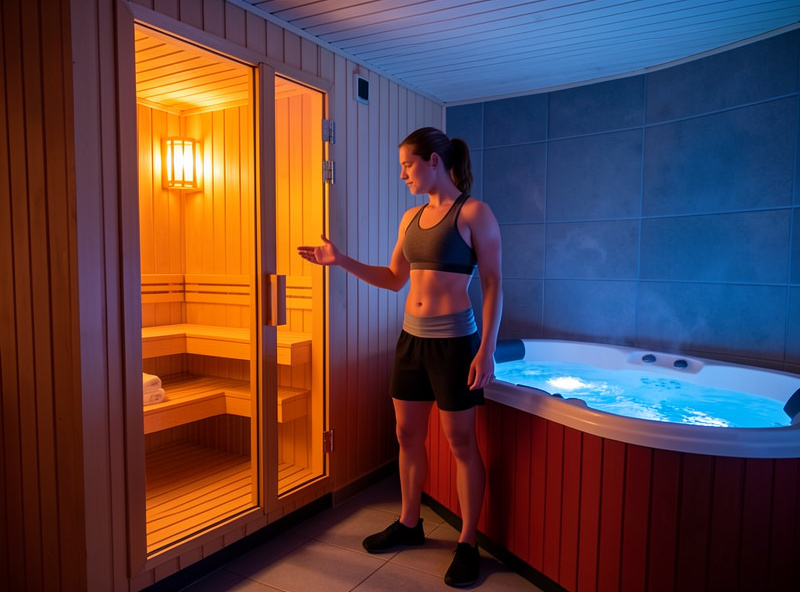 Person deciding between a warm sauna and a cold plunge tub