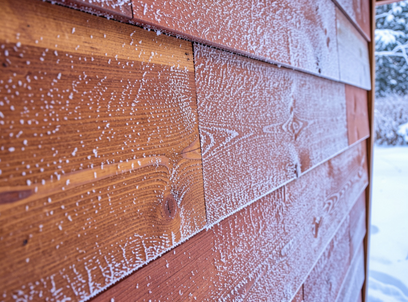 Frost-covered western red cedar cladding on an outdoor sauna showing tight grain and a sheen of sealant