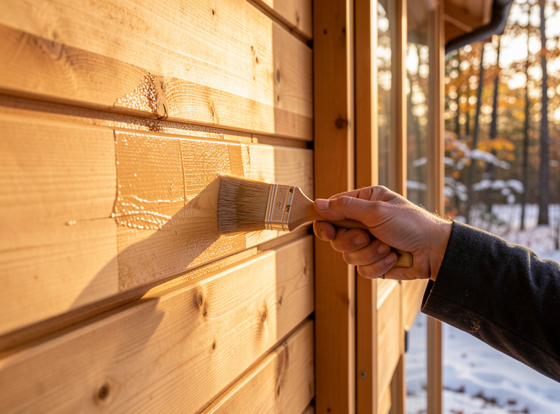 A hand applying protective oil sealant to the exterior cedar boards of an outdoor sauna with a brush before winter
