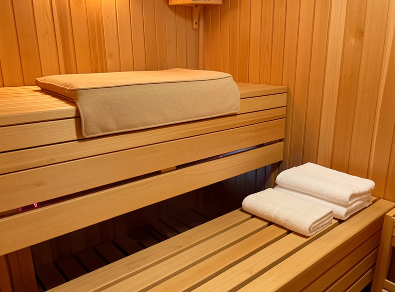 Two fabric seat covers laid neatly on infrared sauna benches with folded towels beside them