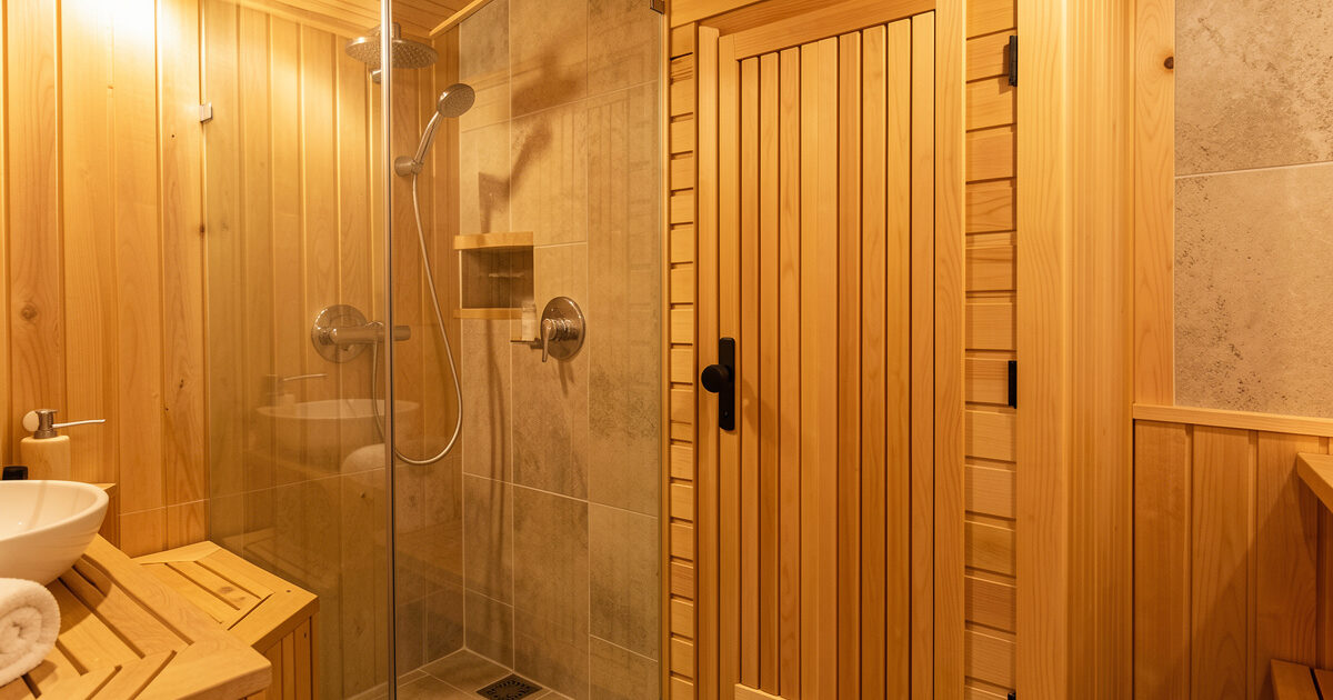 Bathroom shower next to a wooden infrared sauna cabin door, wellness routine