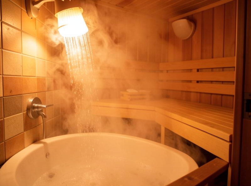 Warm shower running before an infrared sauna session, steam rising, bathroom setting