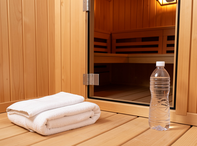 Towel and water bottle ready beside an infrared sauna cabin door before a session