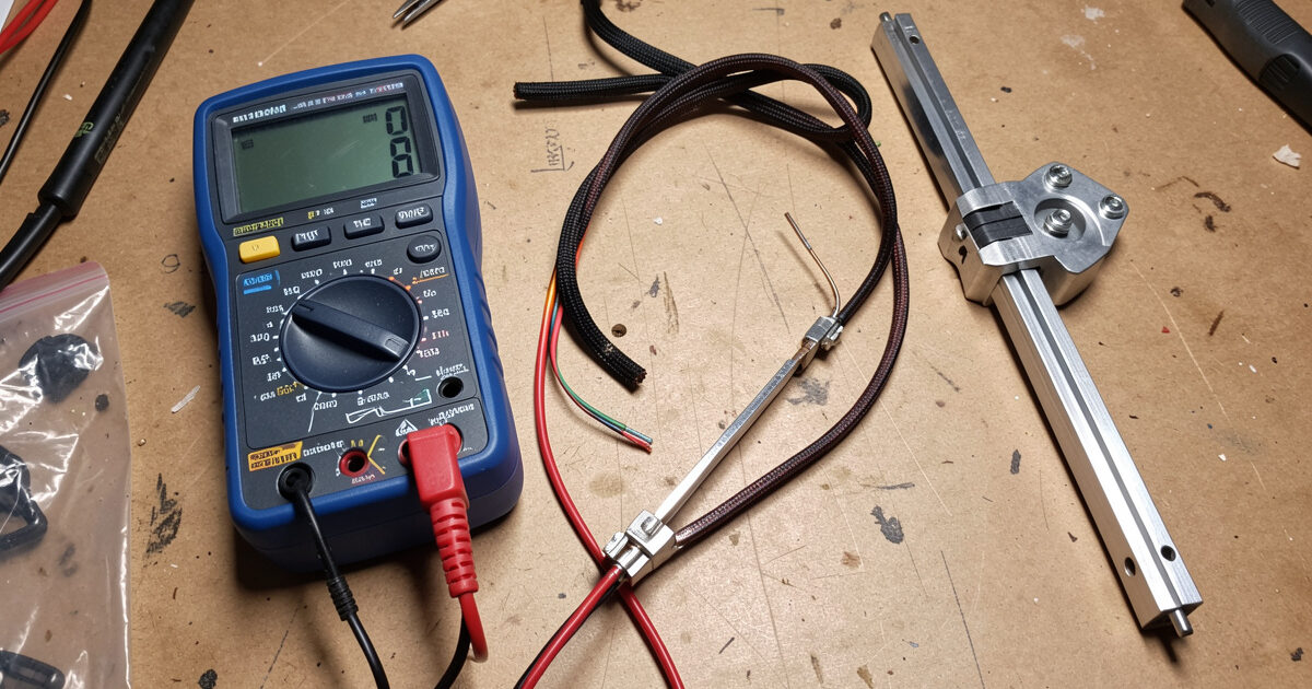 A multimeter and a disconnected infrared sauna heater element on a workbench ready for continuity testing