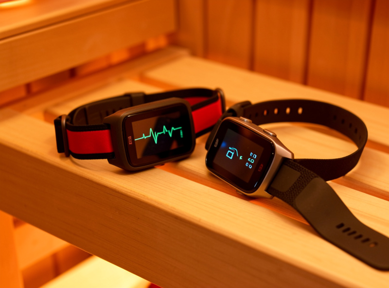 Chest-strap heart-rate monitor and a fitness watch on an infrared sauna bench
