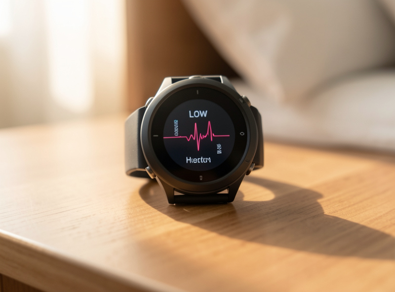 Fitness watch showing a low resting heart rate reading in morning light
