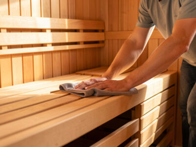 Person wiping down an infrared sauna bench with a microfiber cloth after a session