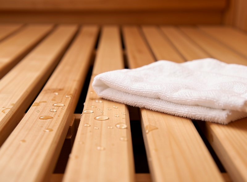 A cloth wiping sweat droplets from between the wooden floor slats of an infrared sauna